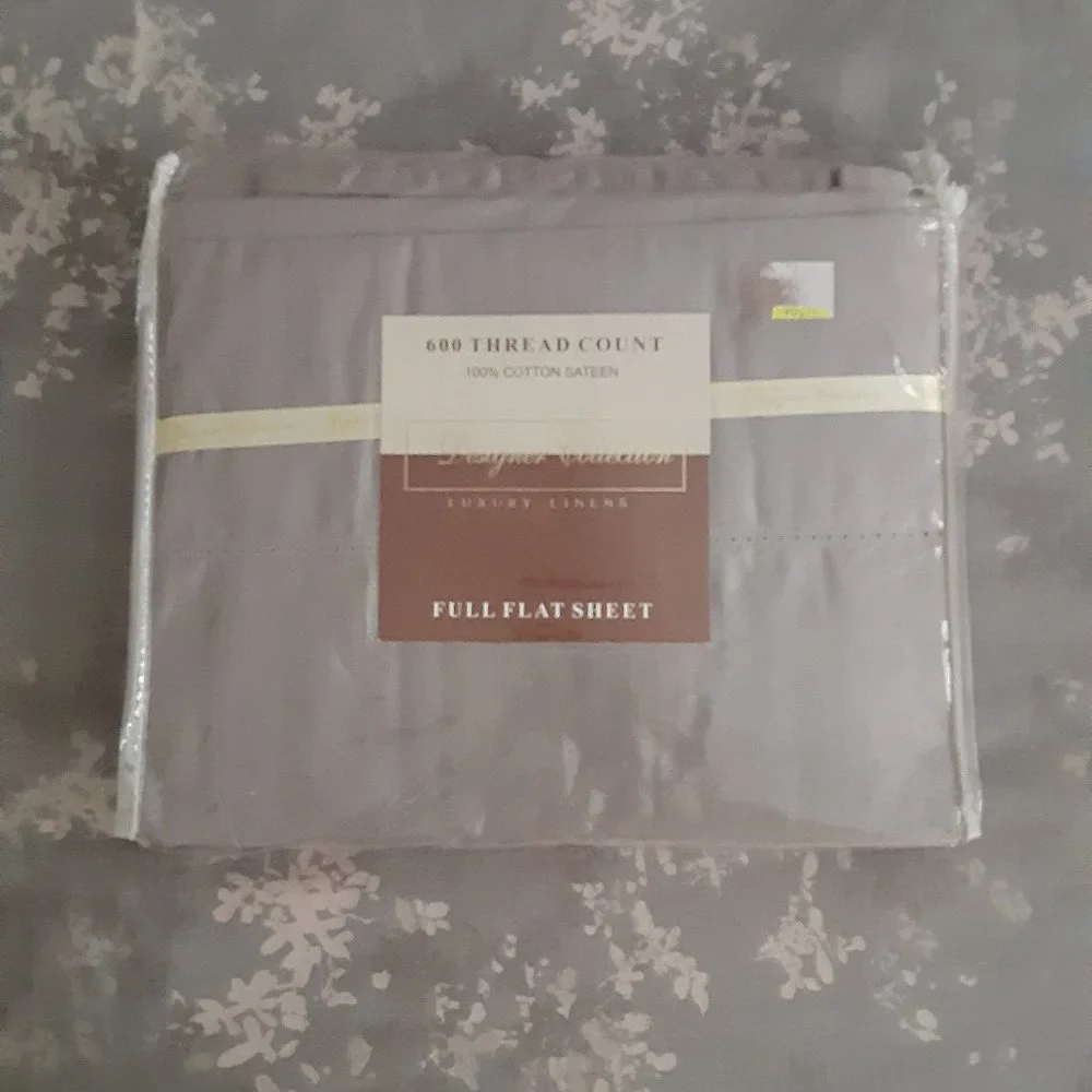 600 thread count luxury 100% cotton sateen full flat sheet - grey - NEW